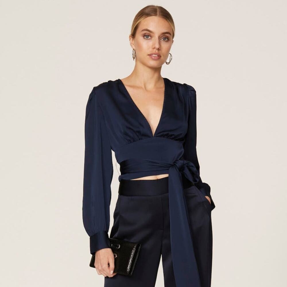 Marissa Webb Satin Tie Waist Blouse Navy Blue V-Neck Long Sleeve Top Sz 4